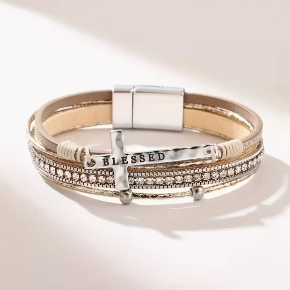 Rhinestone Blessed Cross Bracelet Magnetic Closure Vegan Woman's Gifts Boho NWT